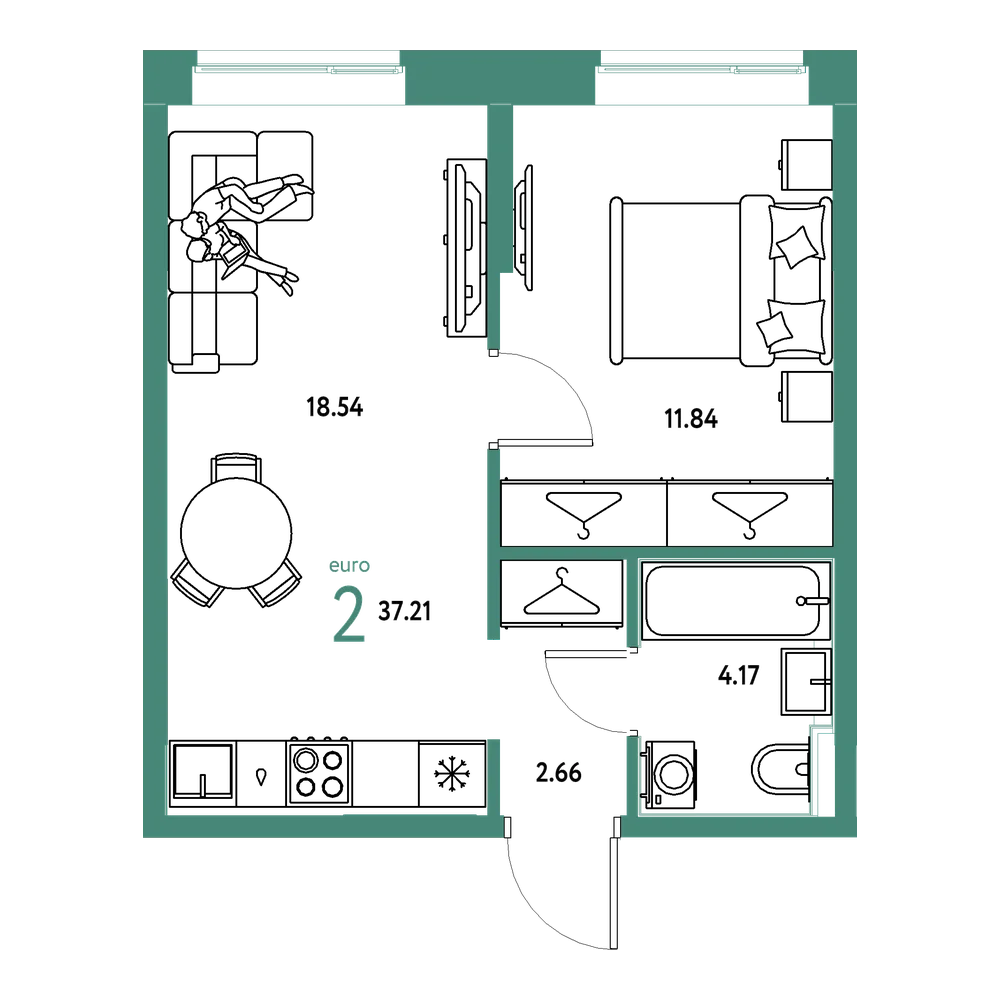 Планировка: Евродвушка 37,21 м²