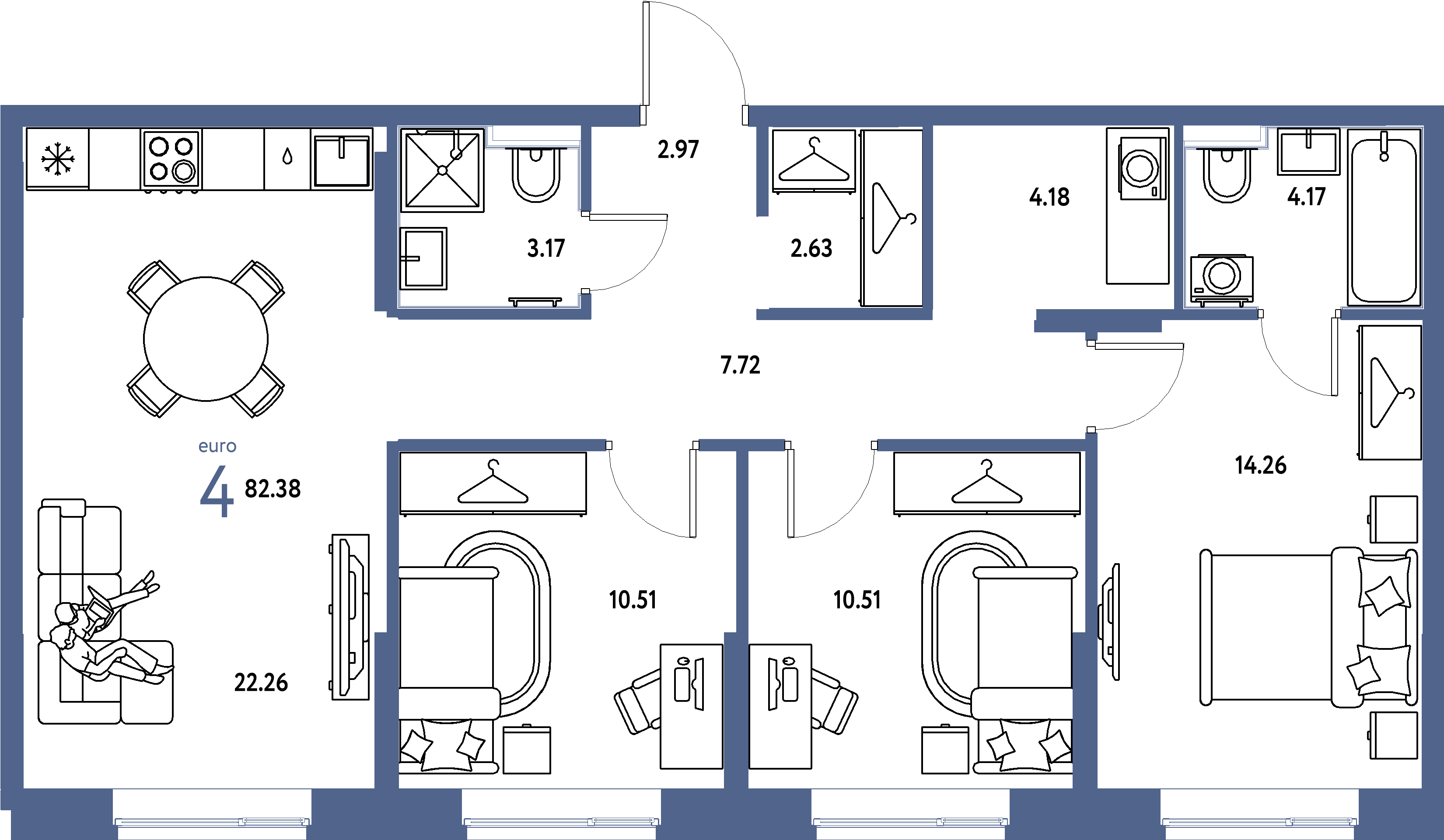 Планировка: Евро-4 82,38 м² в ЖК «Европейский берег 2.0»