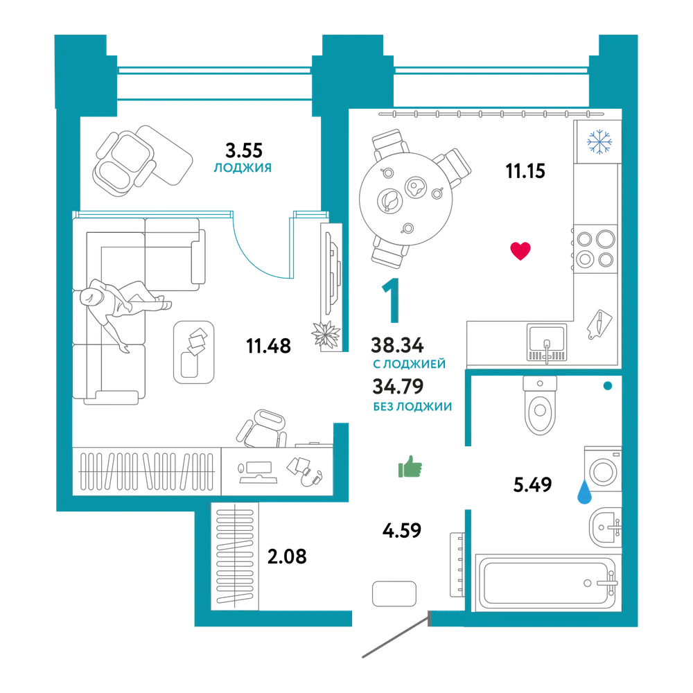 Планировка: 1-комнатная 38,34 м²