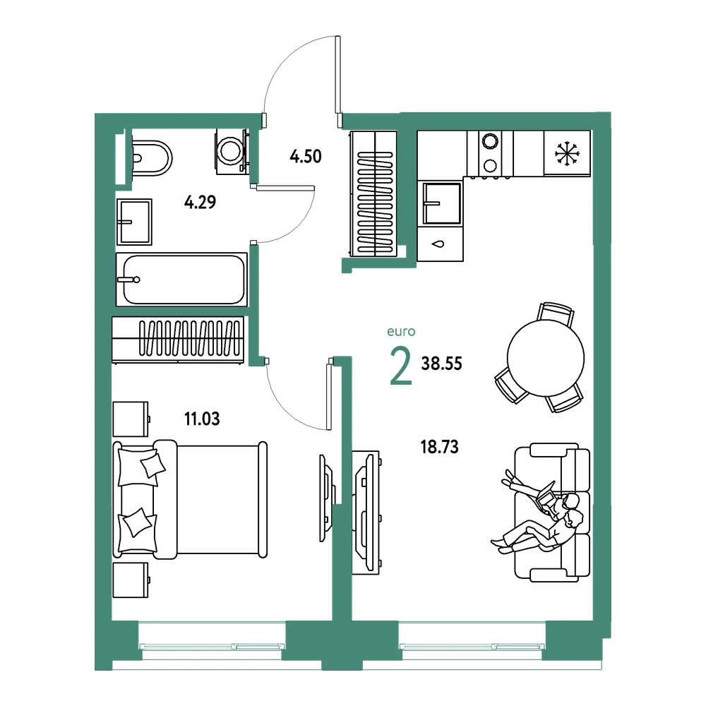 Планировка: Евродвушка 38,55 м²