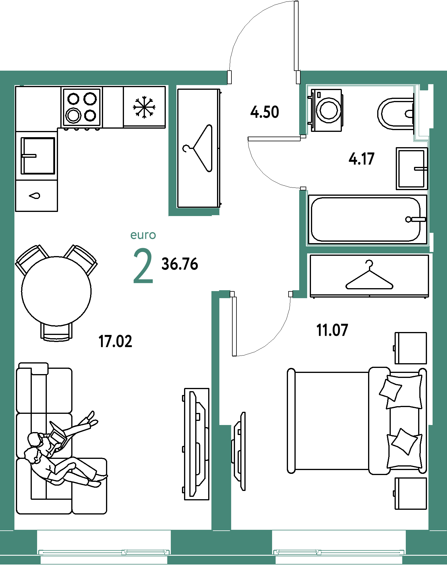 Планировка: Евродвушка 36,76 м² в ЖК «Европейский берег 2.0»