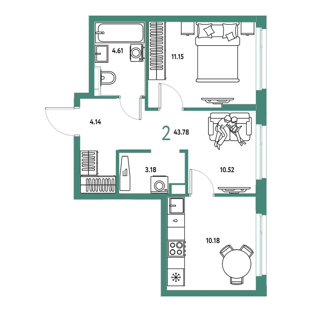 Планировка: 2-комнатная 43,78 м²