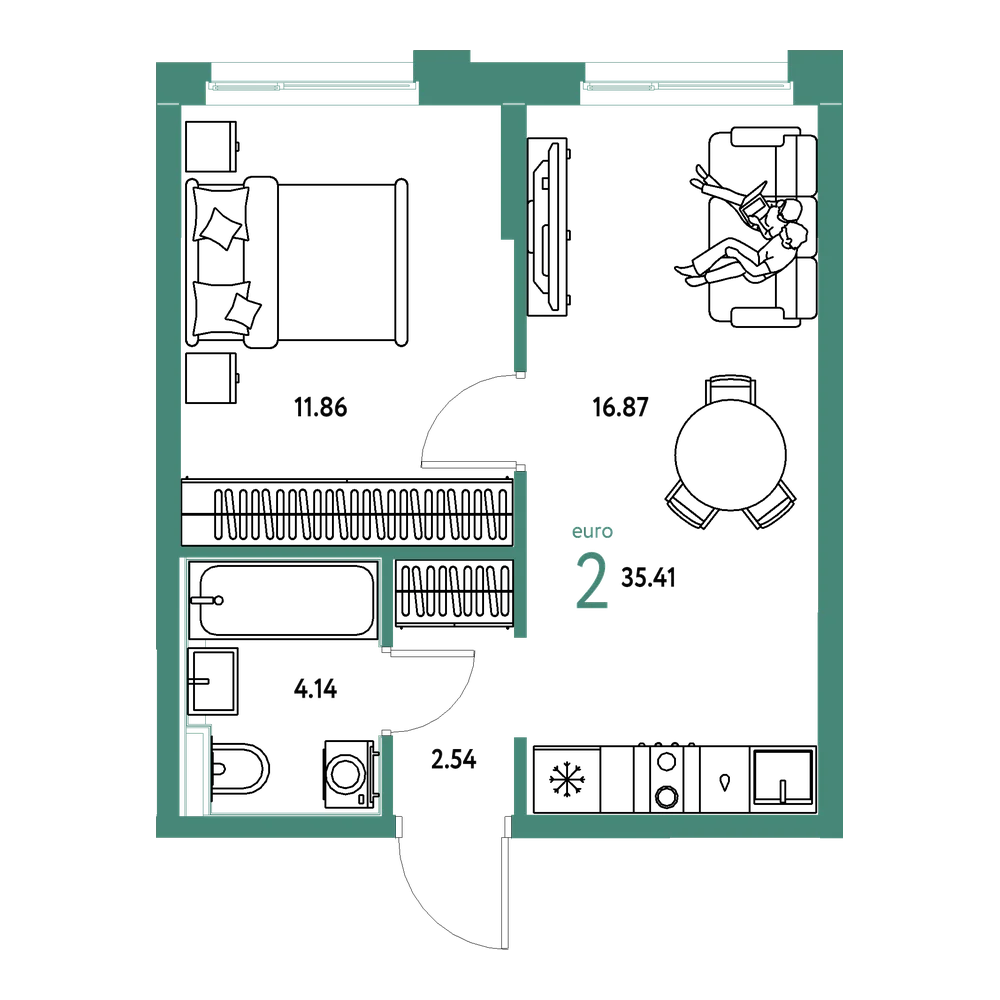 Планировка: Евродвушка 35,41 м²