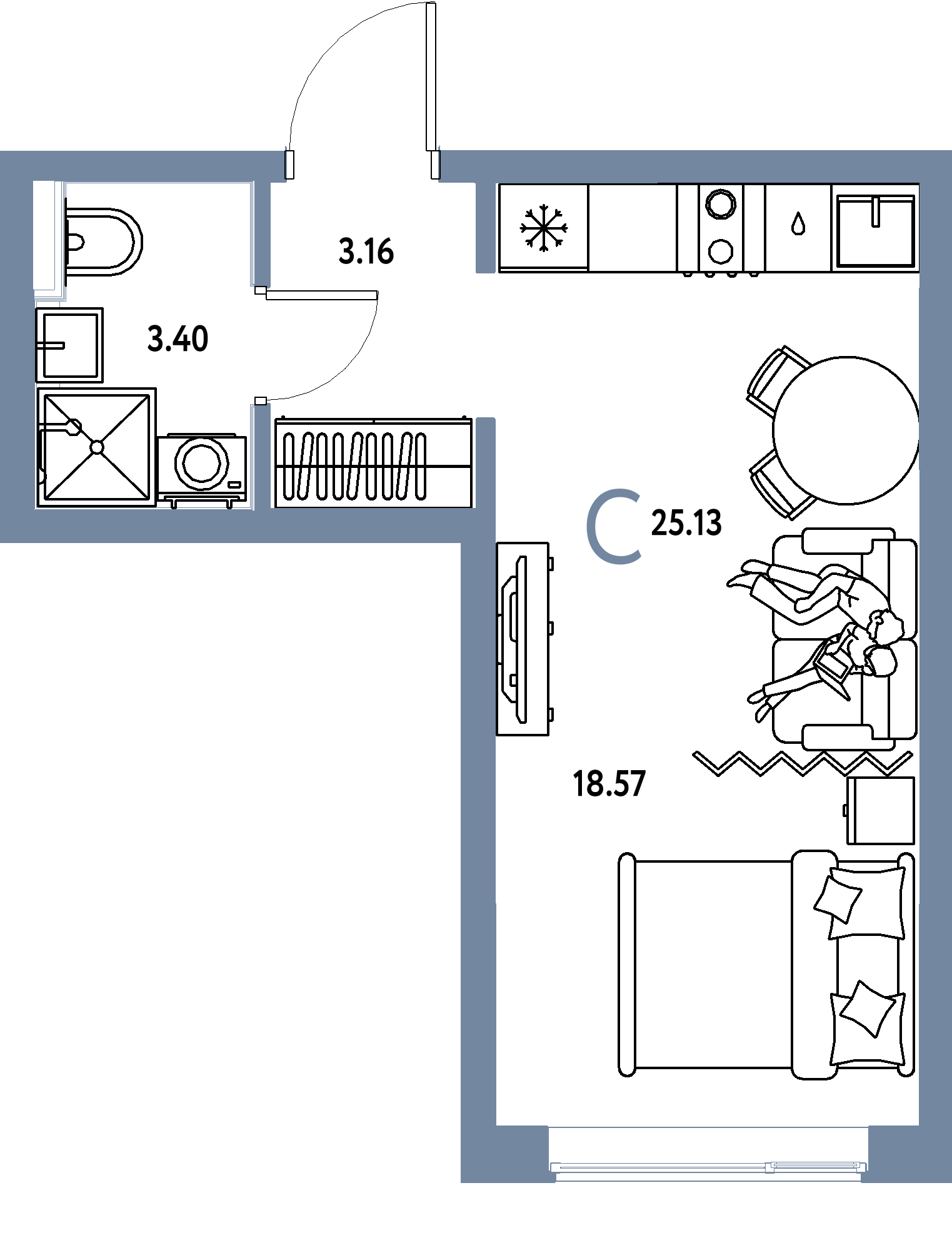 Планировка: Студия 25,13 м² в ЖК «Остров-сад»