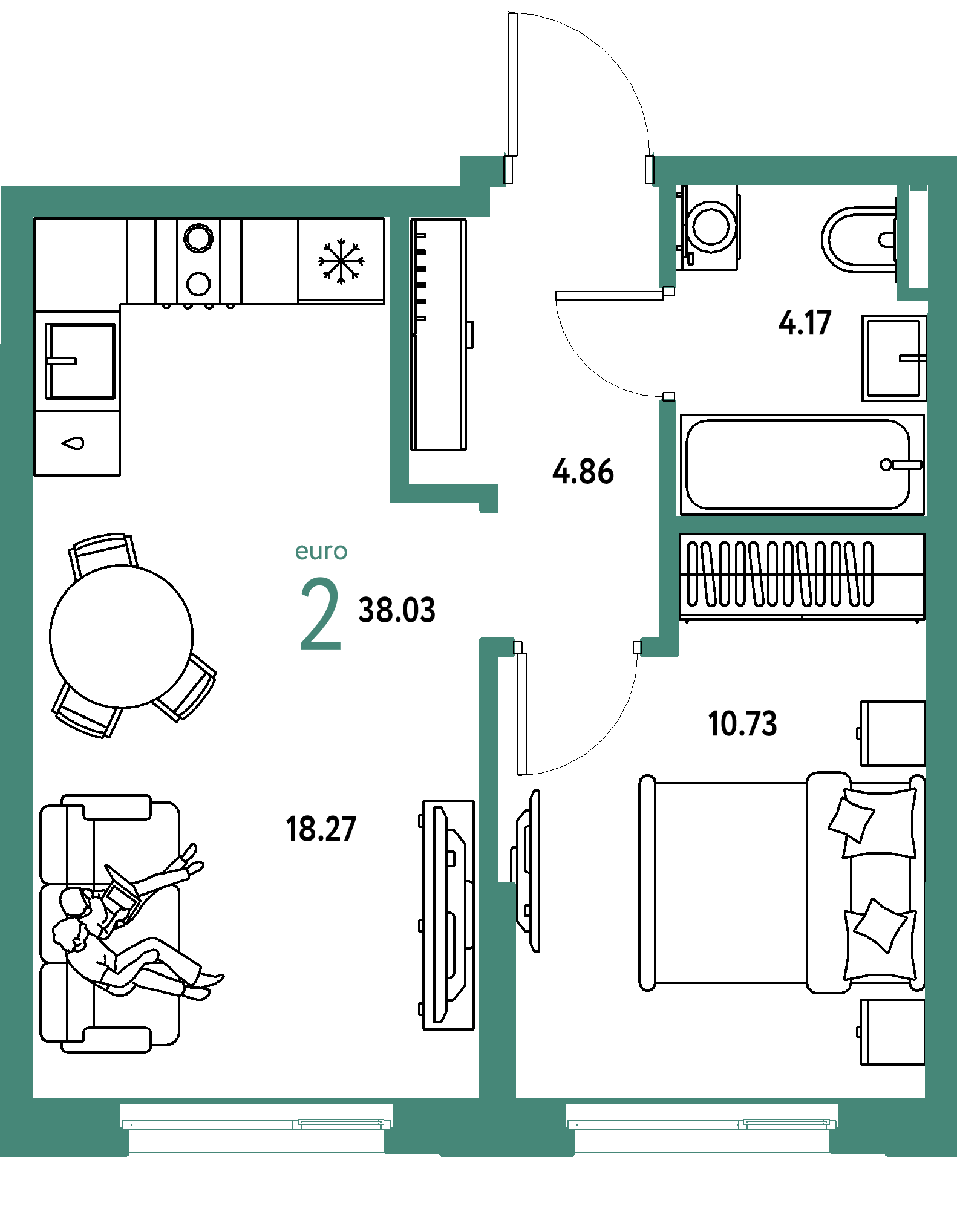 Планировка: Евродвушка 38,03 м² в ЖК «Остров-сад»