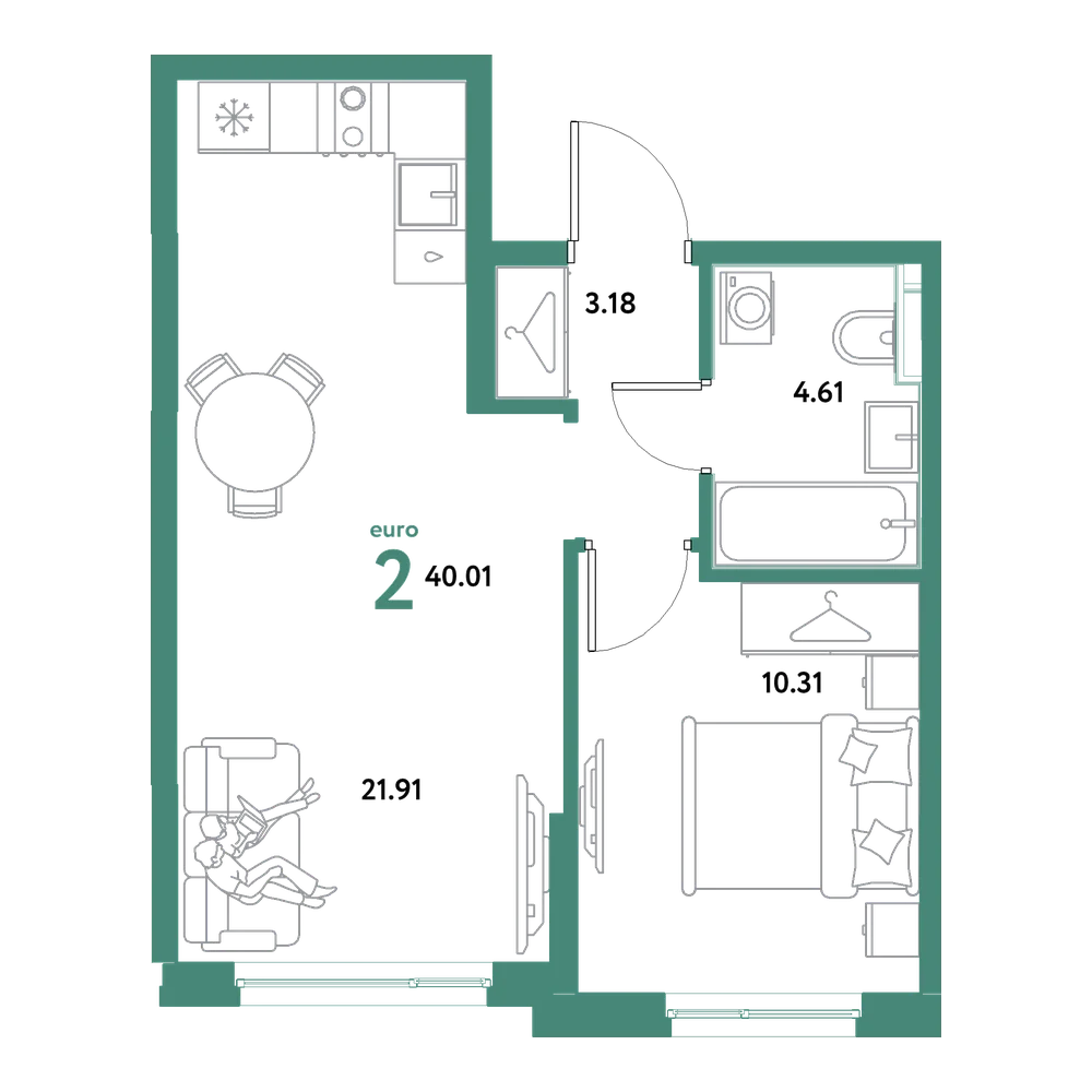 Планировка: Евродвушка 40,01 м²