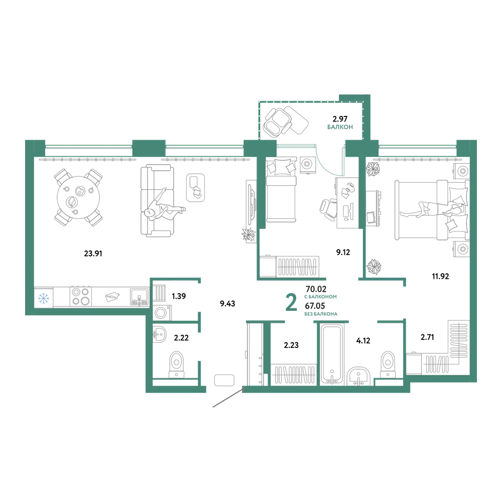 Планировка: 3-комнатная 70,02 м²