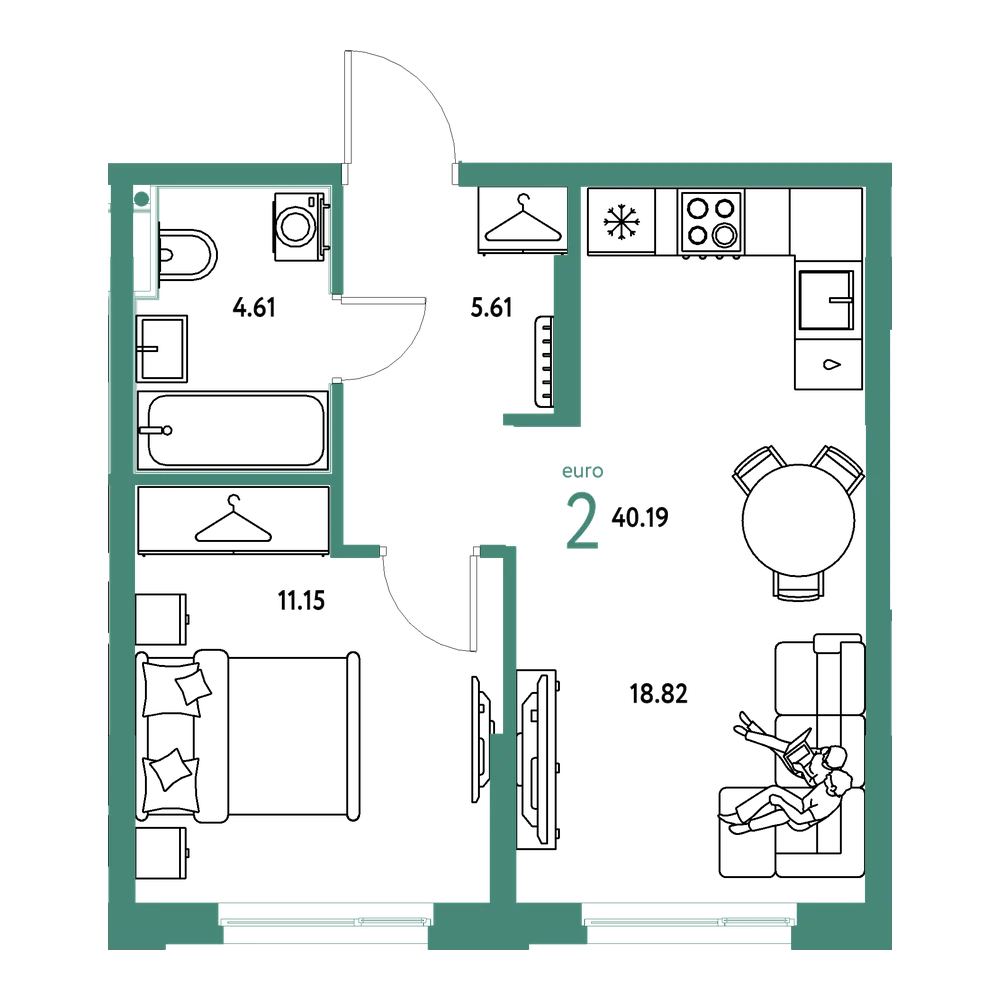 Планировка: Евродвушка 40,19 м²