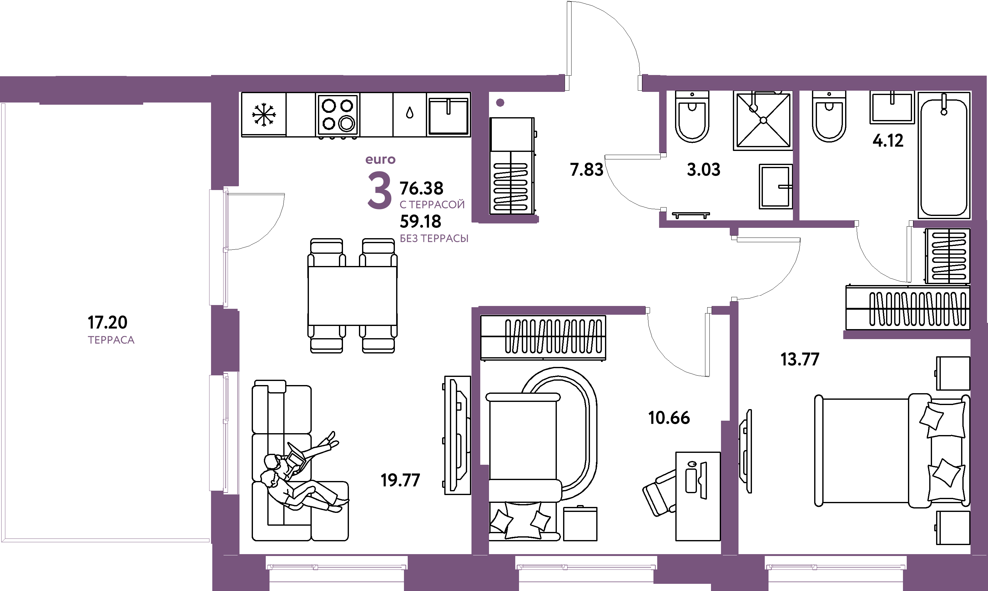 Планировка: Евротрёшка 76,38 м² в ЖК «Европейский берег 2.0»