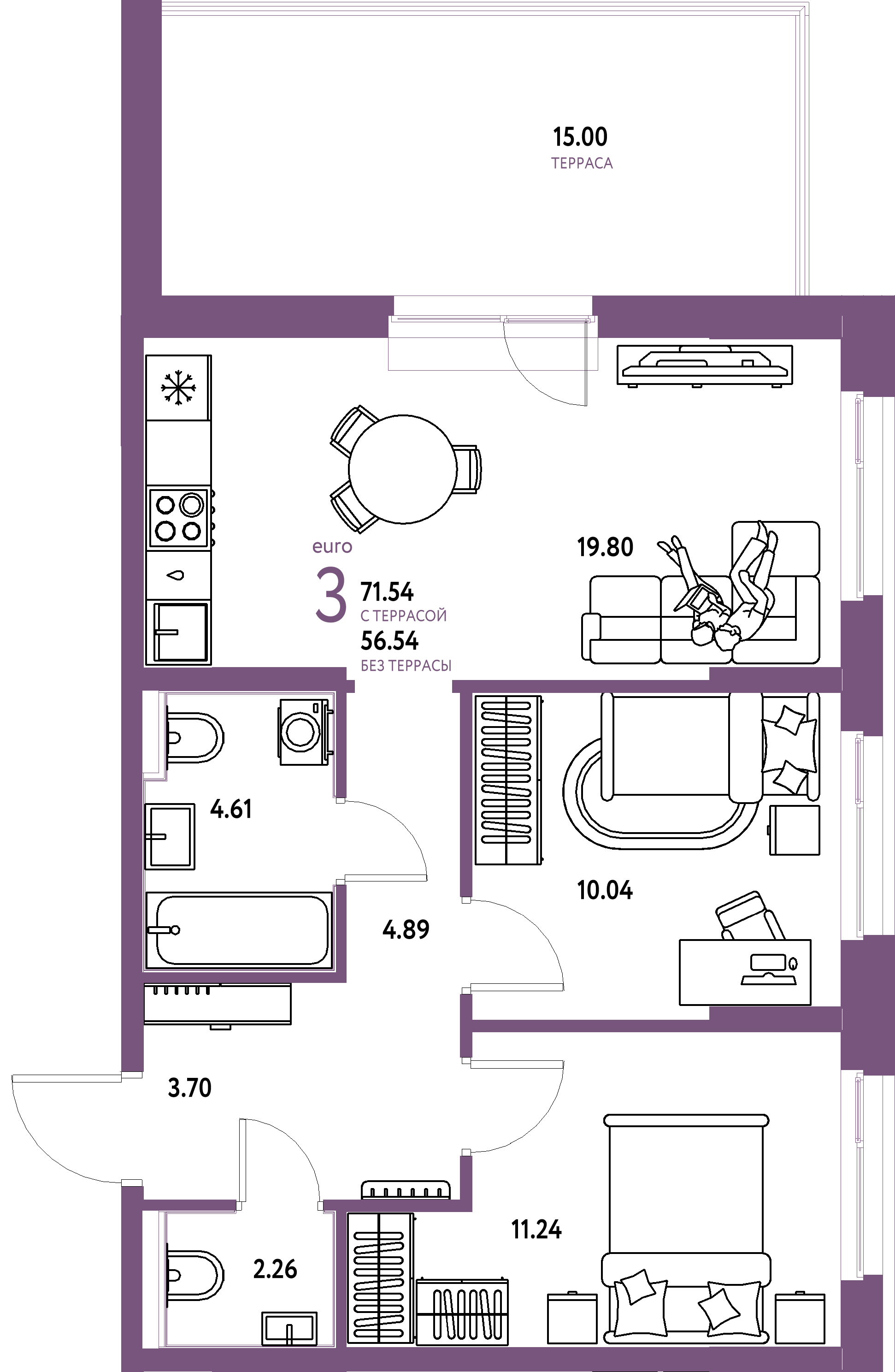 Планировка: Евротрёшка 73,13 м² в ЖК «Домашний»