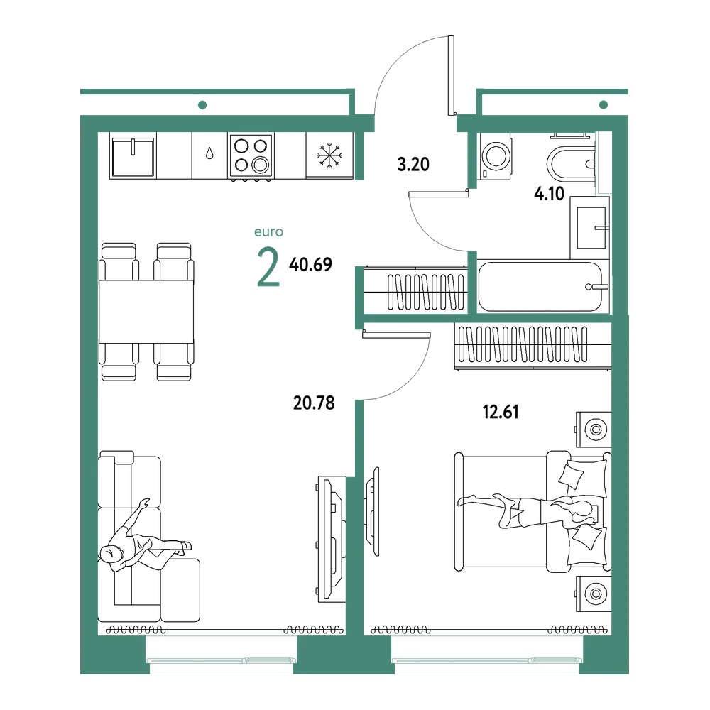Планировка: Евродвушка 40,69 м²