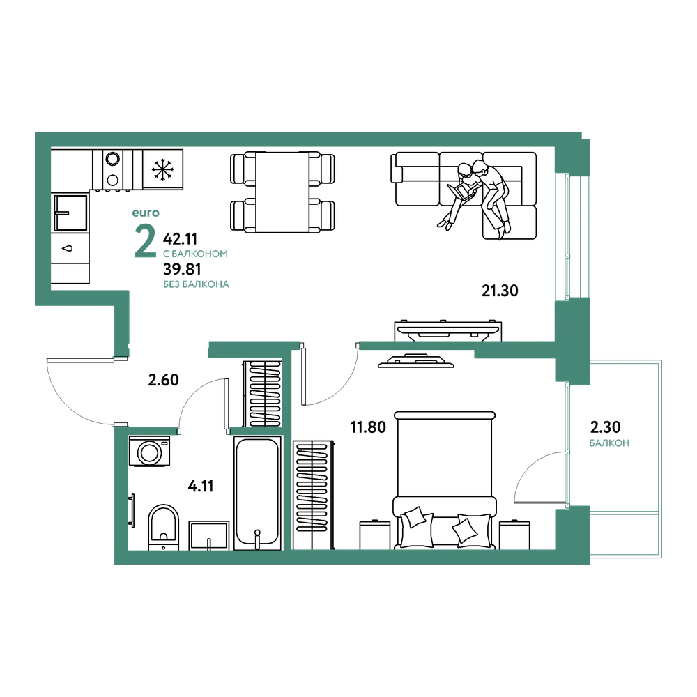 Планировка: Евродвушка 42,11 м²