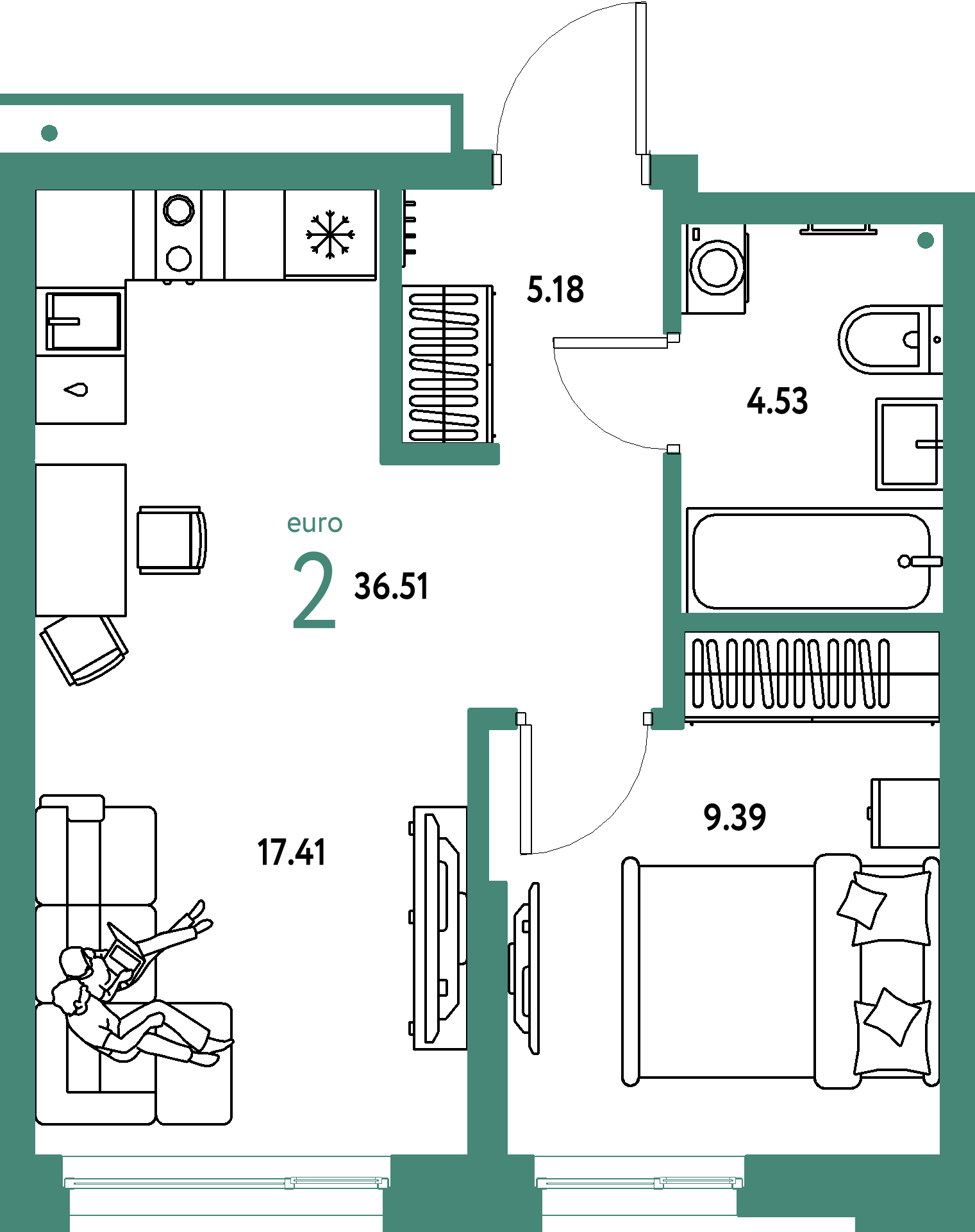 Планировка: Евродвушка 36,51 м² в ЖК «Домашний»