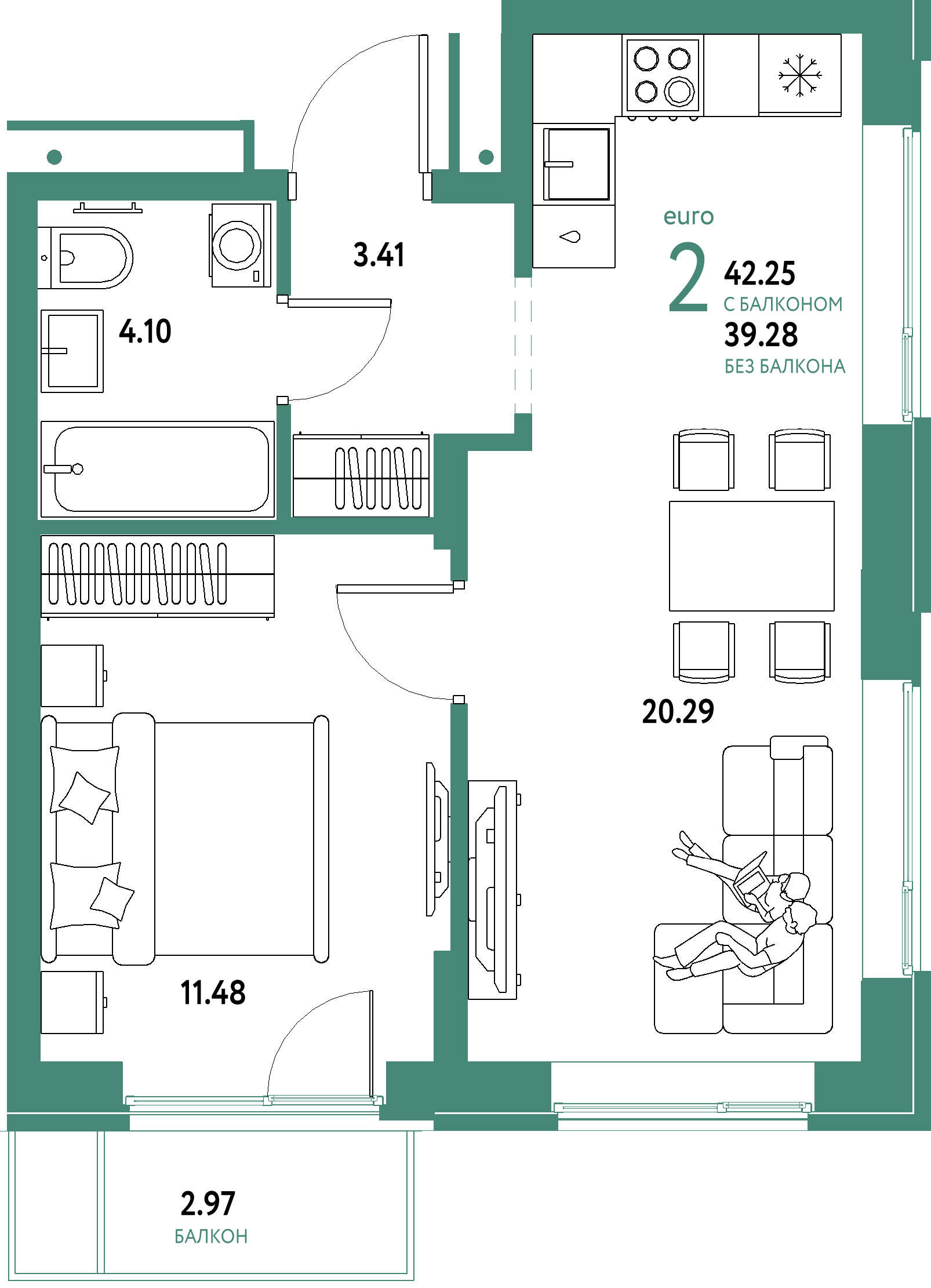 Планировка: Евродвушка 42,25 м² в ЖК «Домашний»