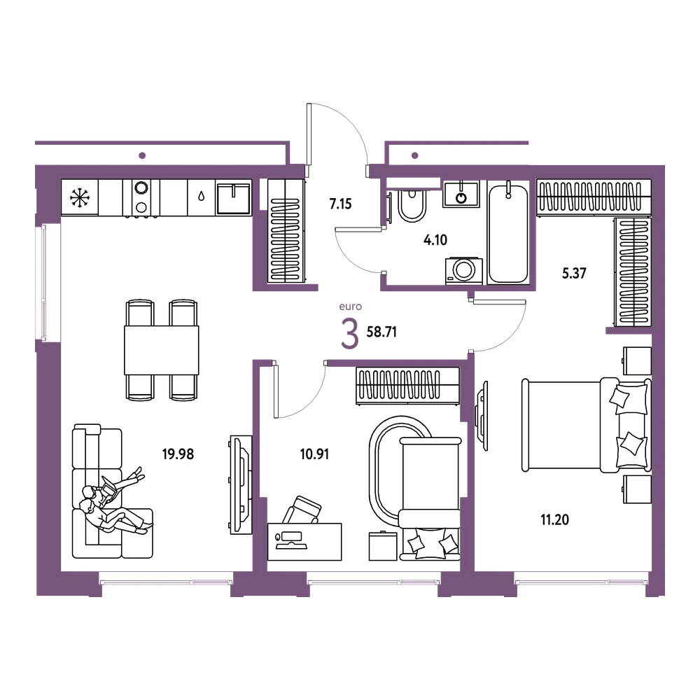 Планировка: Евротрёшка 58,71 м²