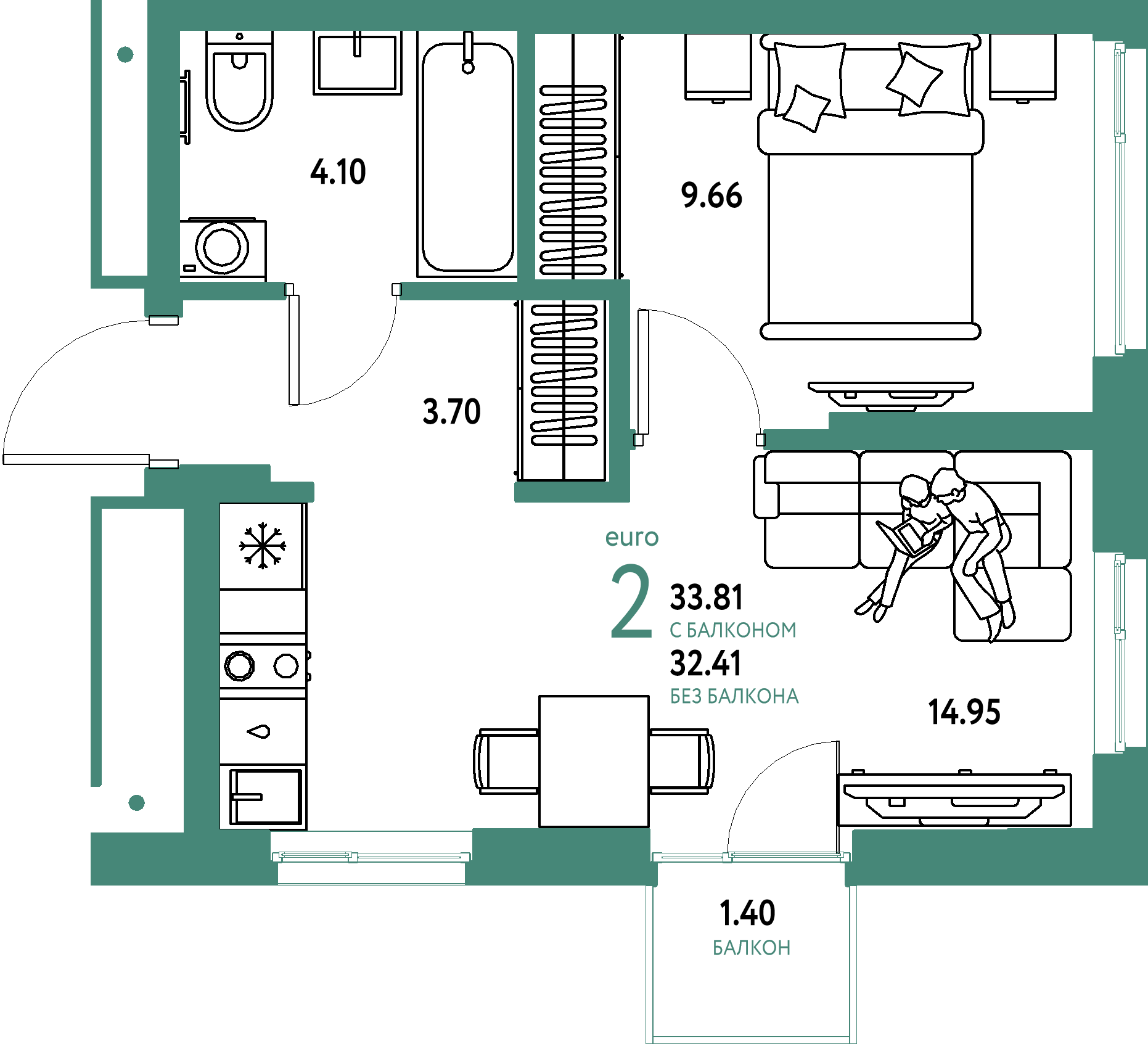 Планировка: Евродвушка 33,81 м² в ЖК «Домашний»