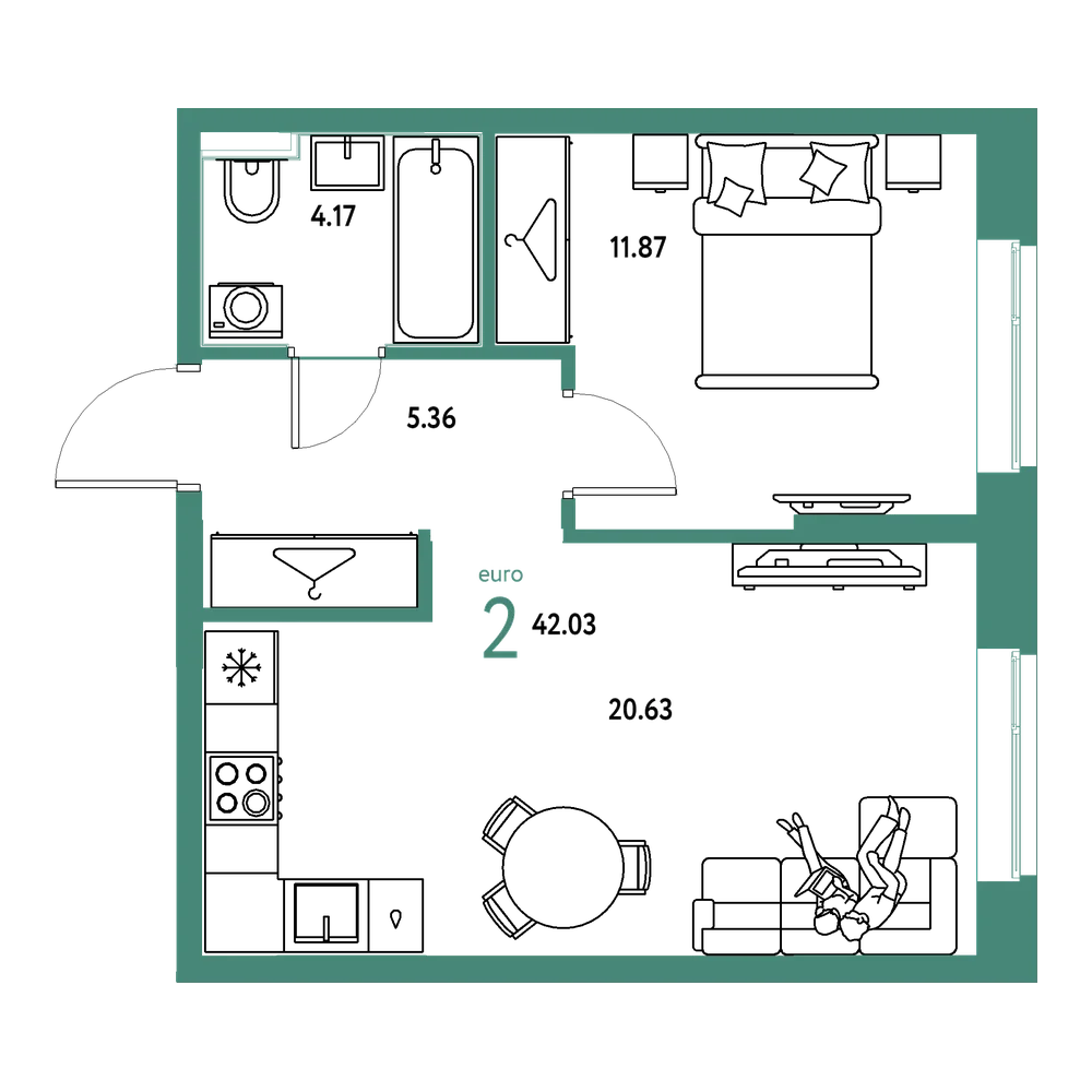 Планировка: Евродвушка 42,03 м²