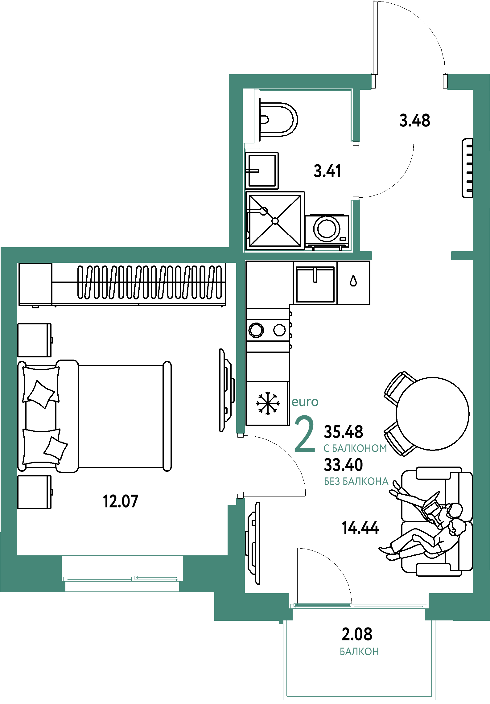 Планировка: Евродвушка 35,48 м² в ЖК «Домашний»