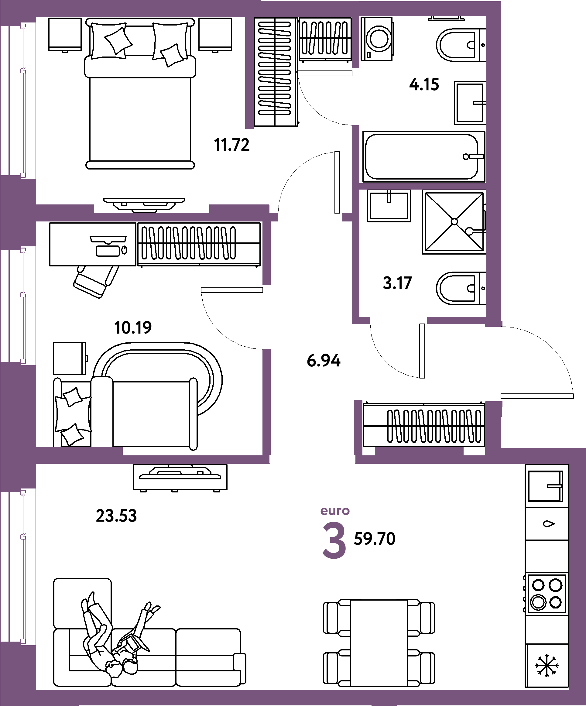 Планировка: Евротрёшка 59,7 м² в ЖК «Европейский берег 2.0»