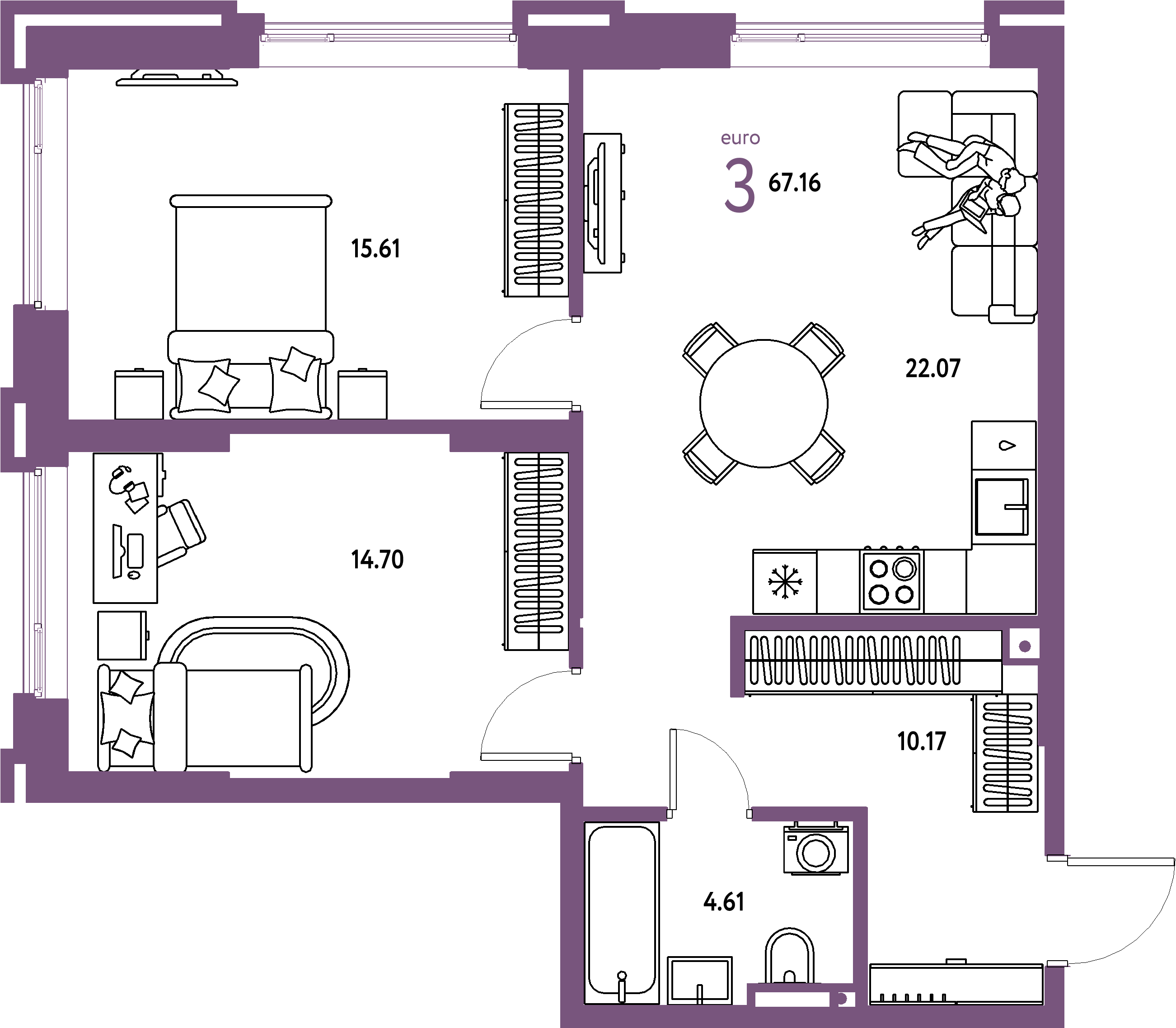 Планировка: Евротрёшка 67,16 м² в ЖК «Страна.Прибрежная»