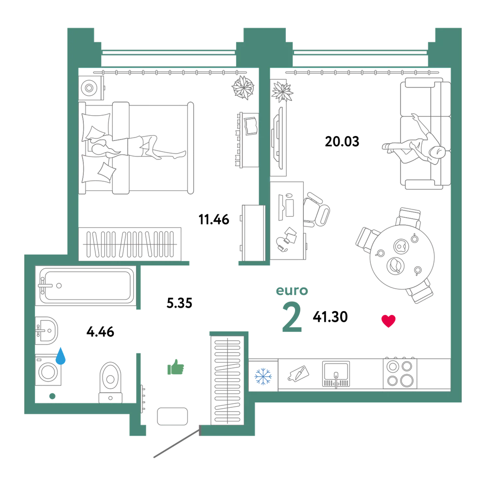 Планировка: Евродвушка 41,3 м²