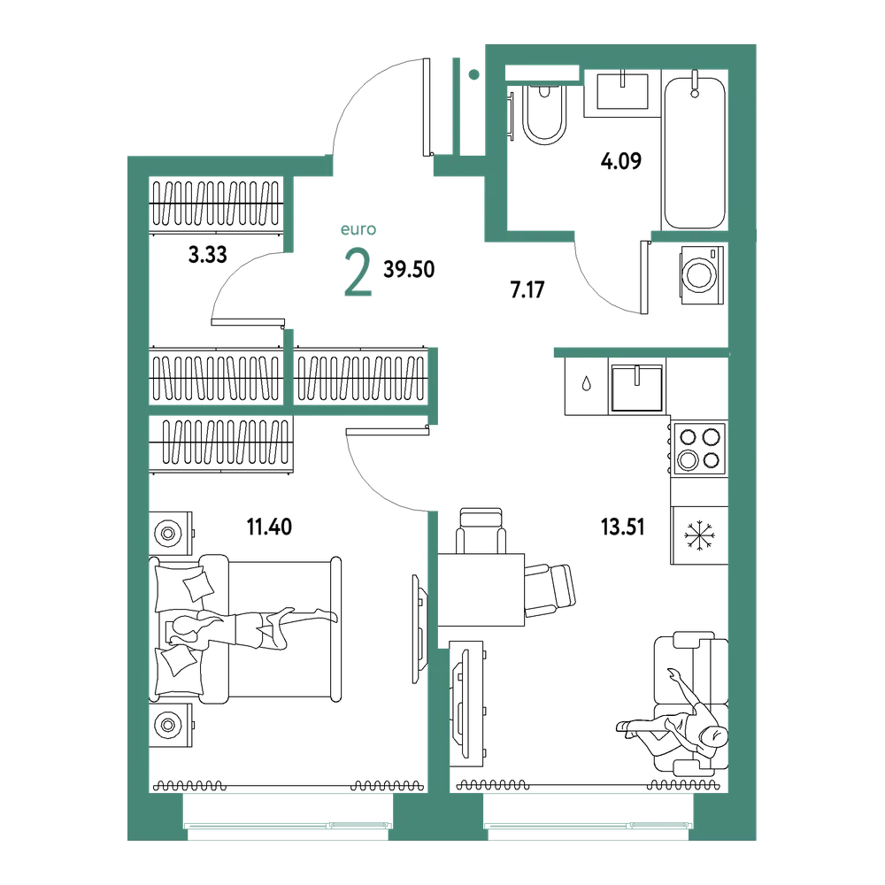 Планировка: Евродвушка 39,5 м²