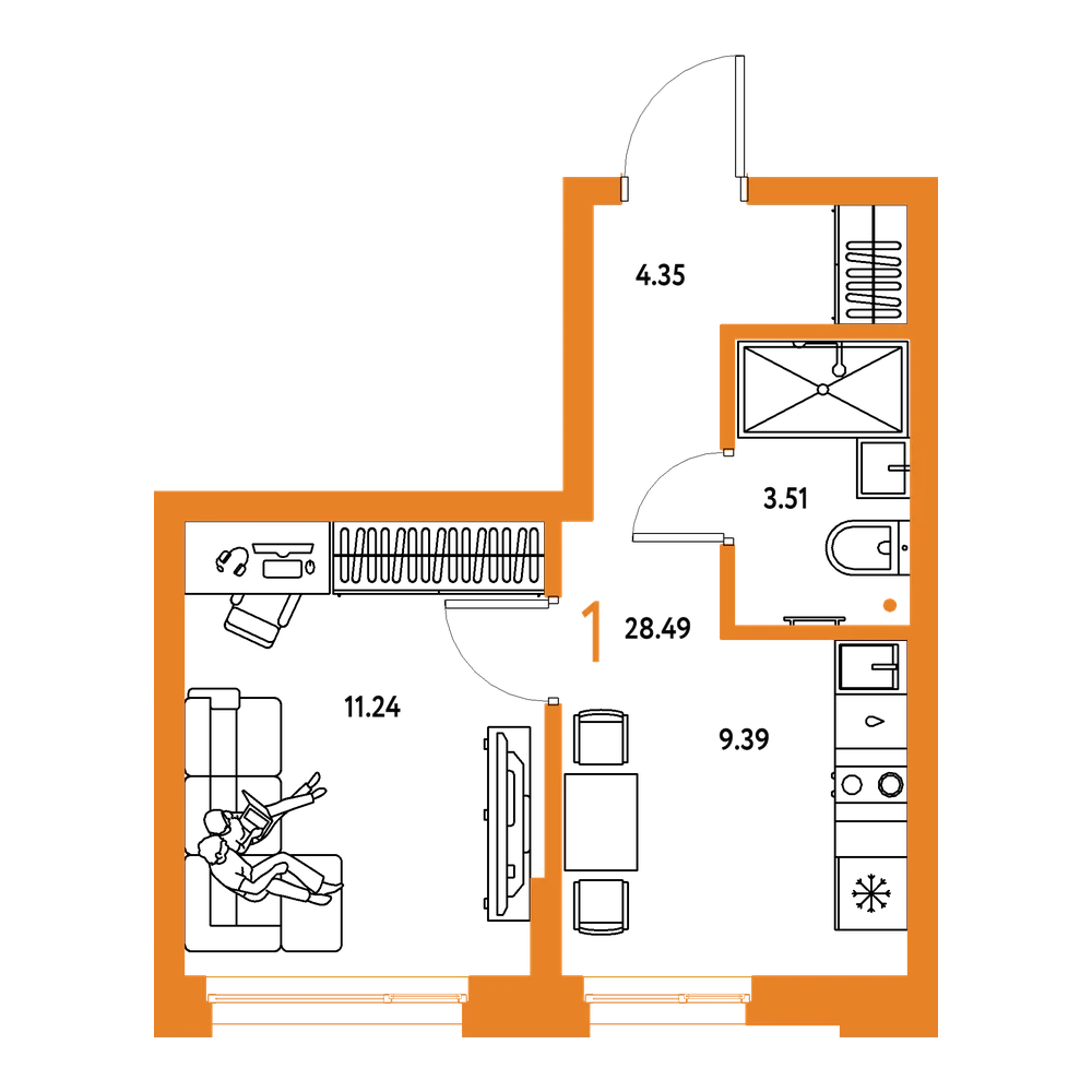 Планировка: 1-комнатная 28,49 м²