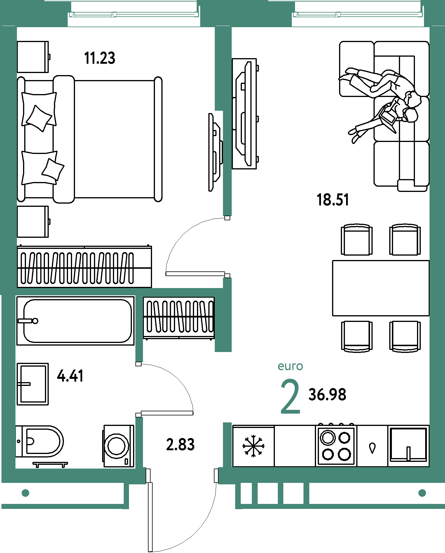 Планировка: Евродвушка 36,98 м² в ЖК «Домашний»