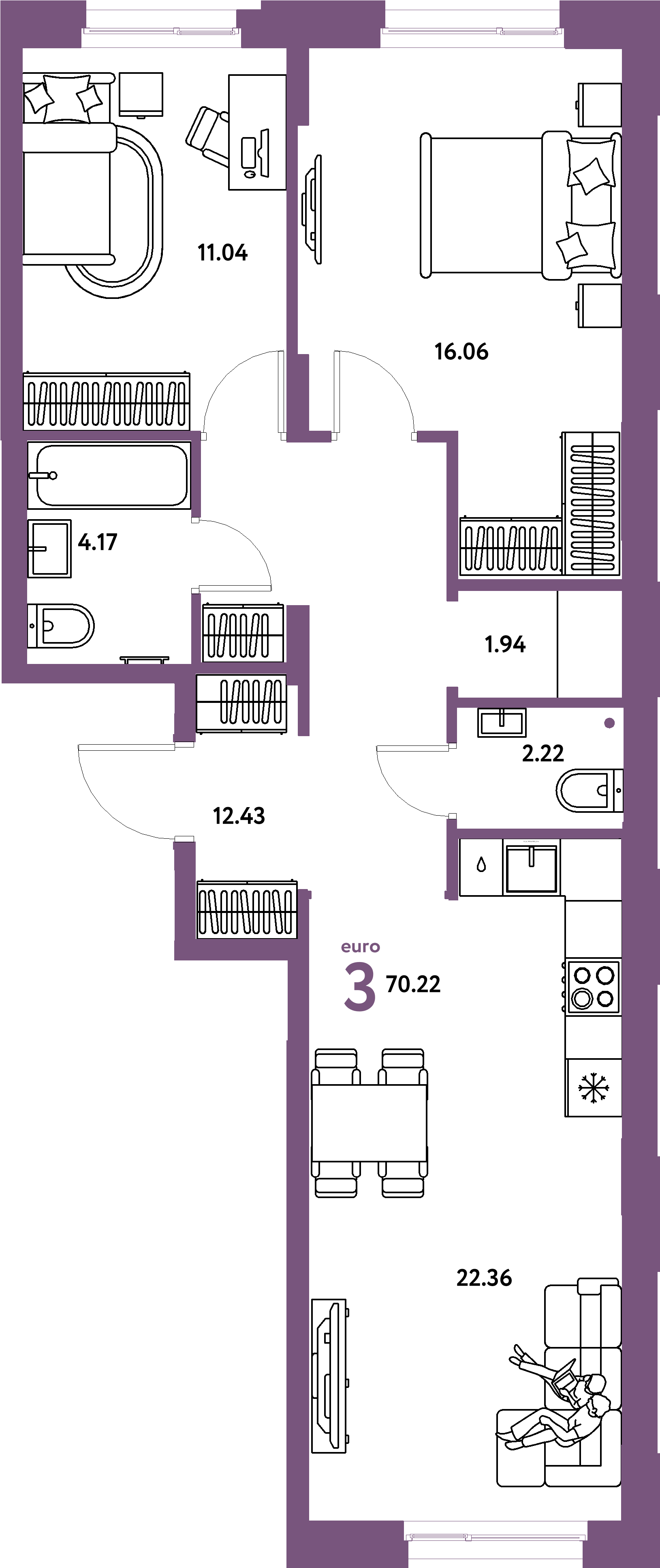 Планировка: Евротрёшка 70,22 м² в ЖК «Европейский берег 2.0»