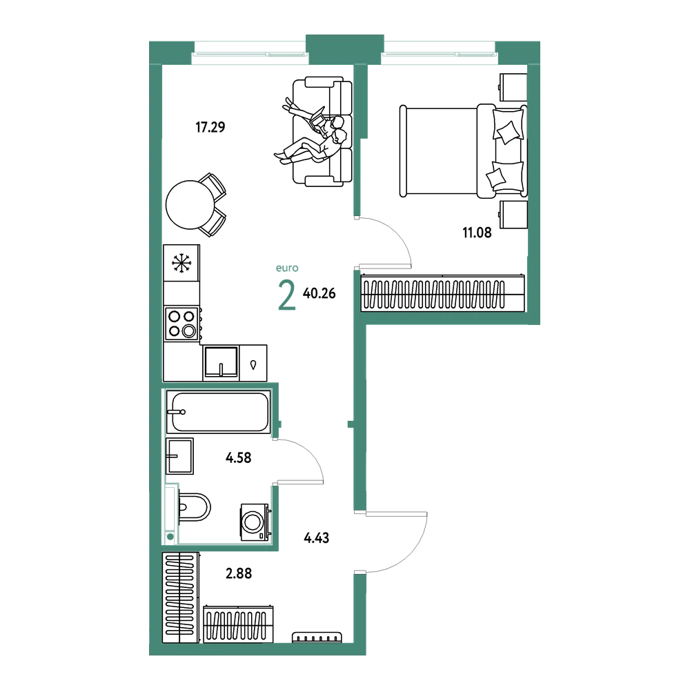 Планировка: Евродвушка 40,26 м²