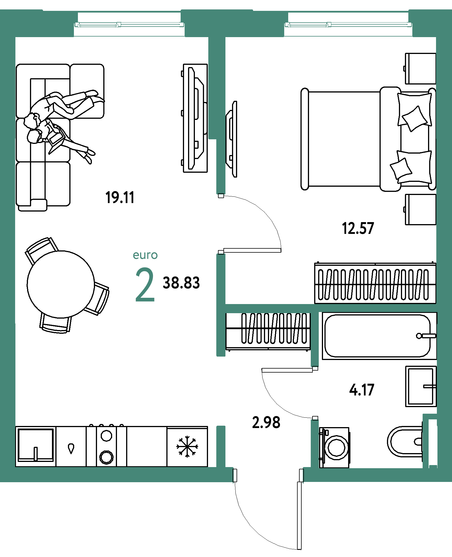 Планировка: Евродвушка 38,83 м² в ЖК «Остров-сад»