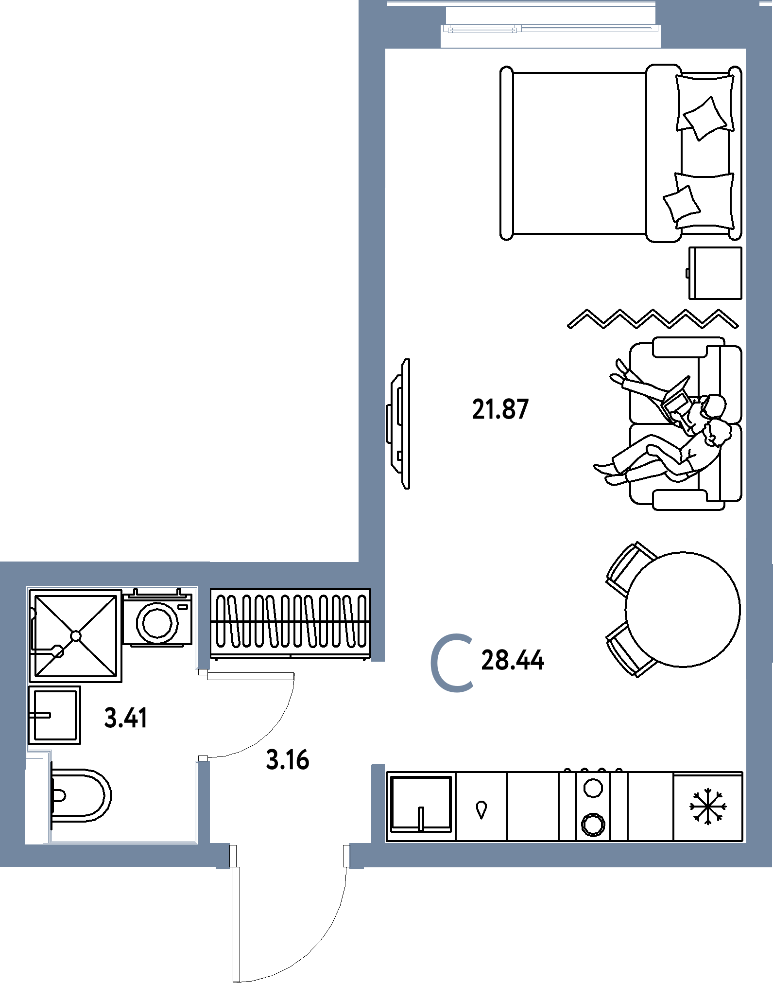 Планировка: Студия 28,44 м² в ЖК «Домашний»
