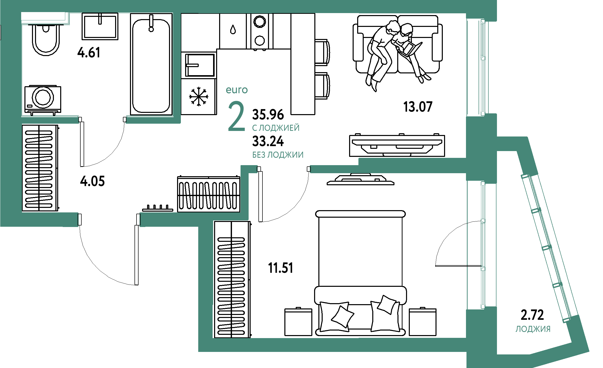 Планировка: Евродвушка 35,93 м² в ЖК «Остров-сад»