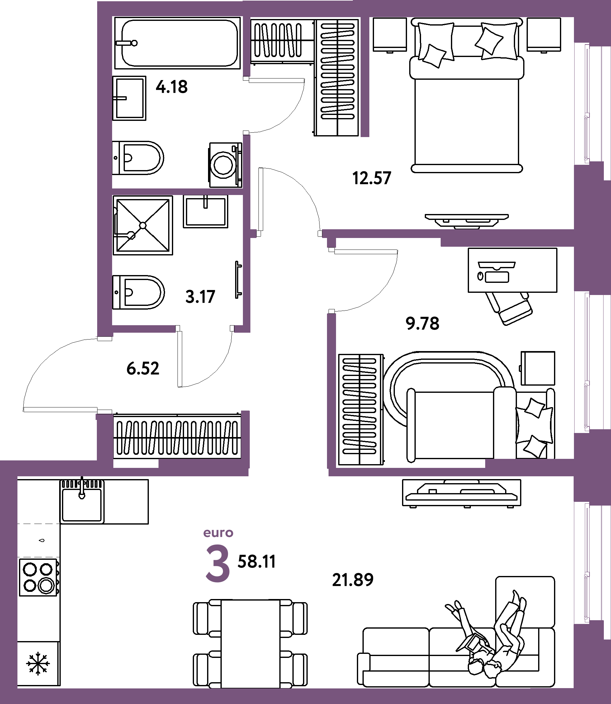 Планировка: Евротрёшка 58,11 м² в ЖК «Европейский берег 2.0»