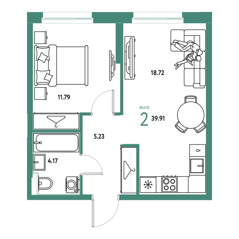 Планировка: Евродвушка 39,91 м²
