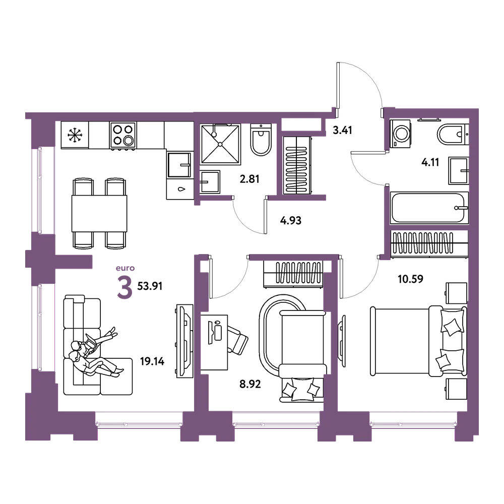 Планировка: Евротрёшка 53,91 м²