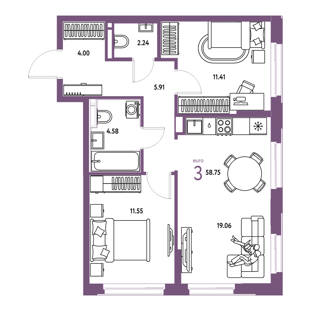 Планировка: Евротрёшка 58,75 м²