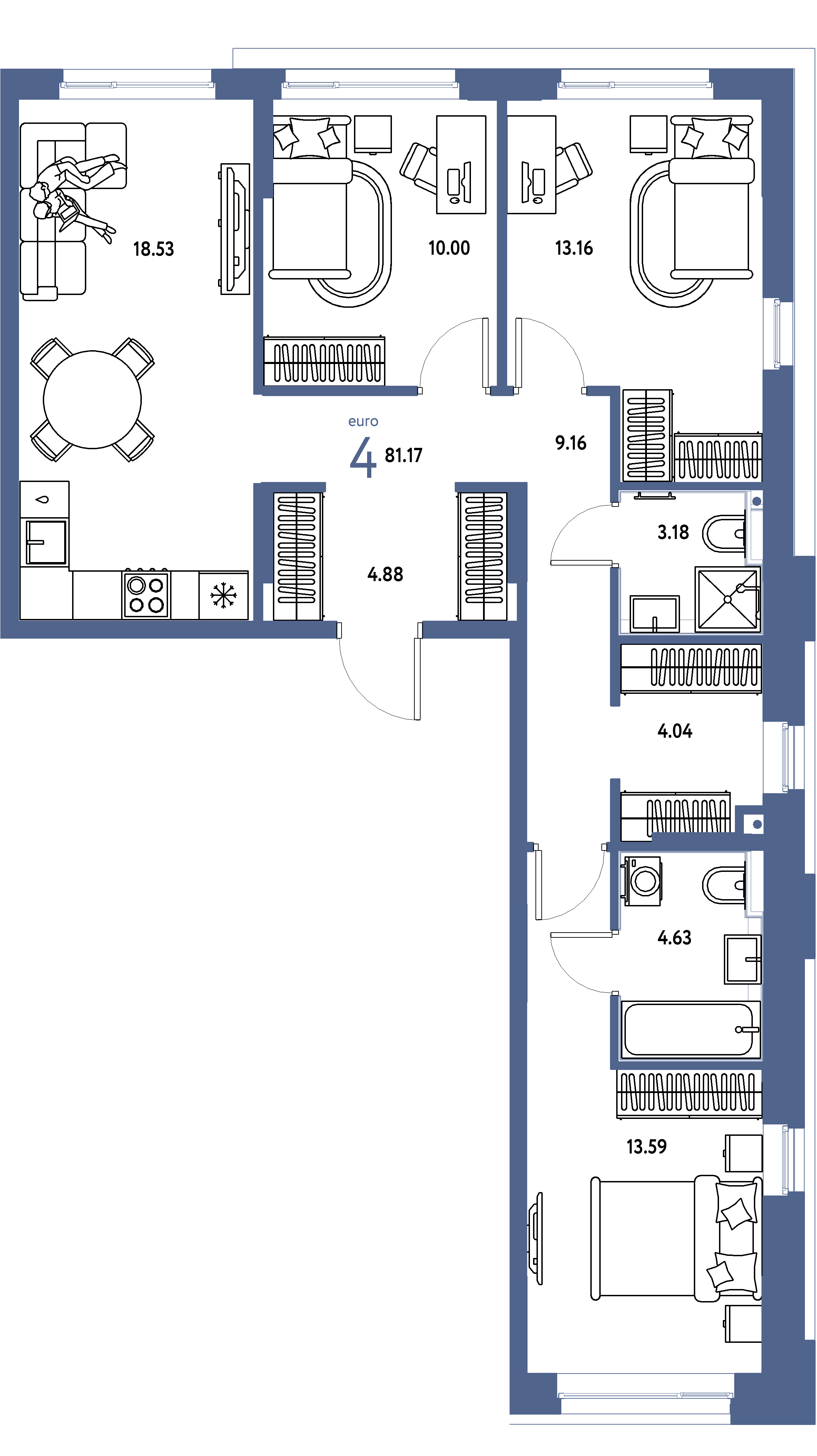 Планировка: Евро-4 81,17 м² в ЖК «Сердце Сибири»