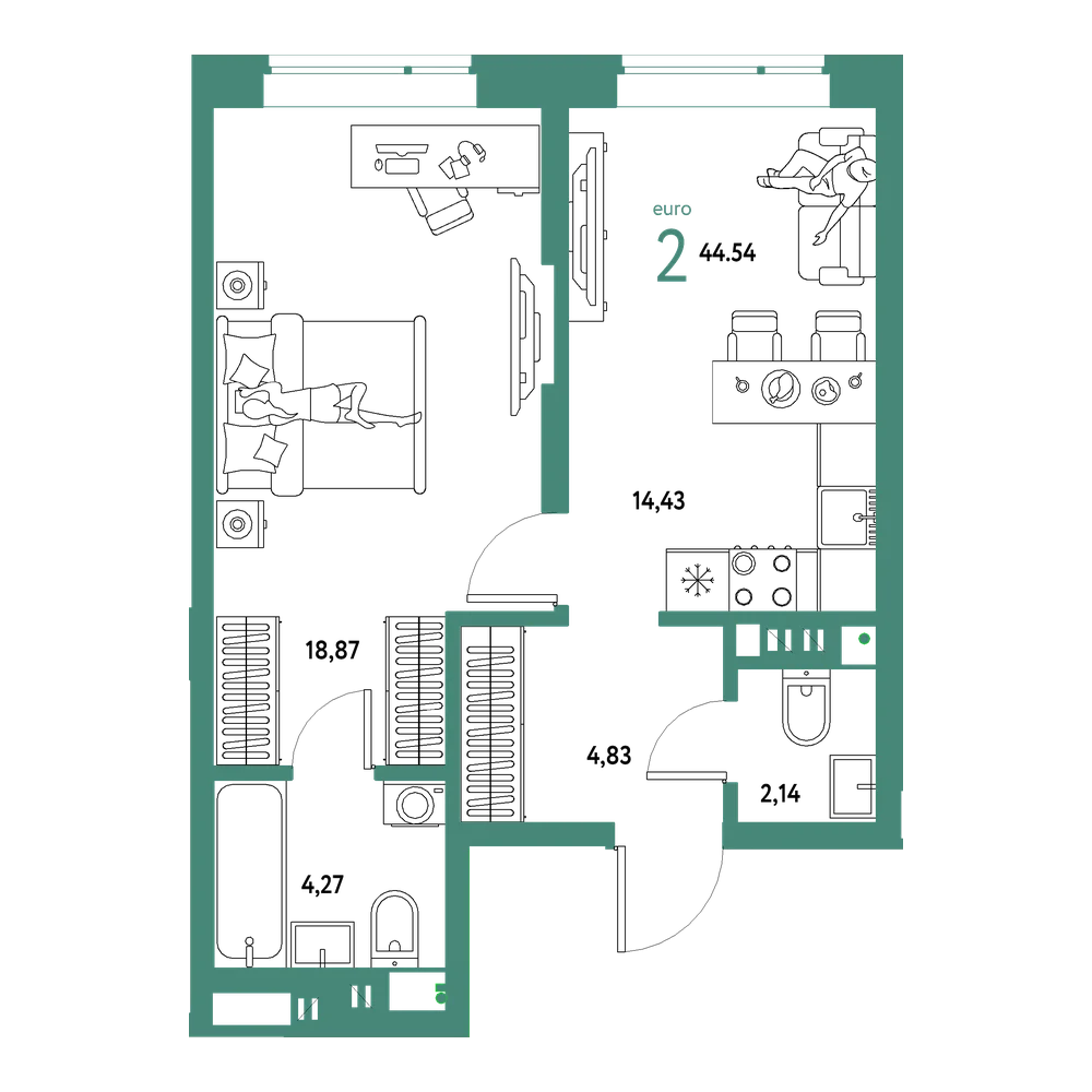 Планировка: Евродвушка 44,54 м²