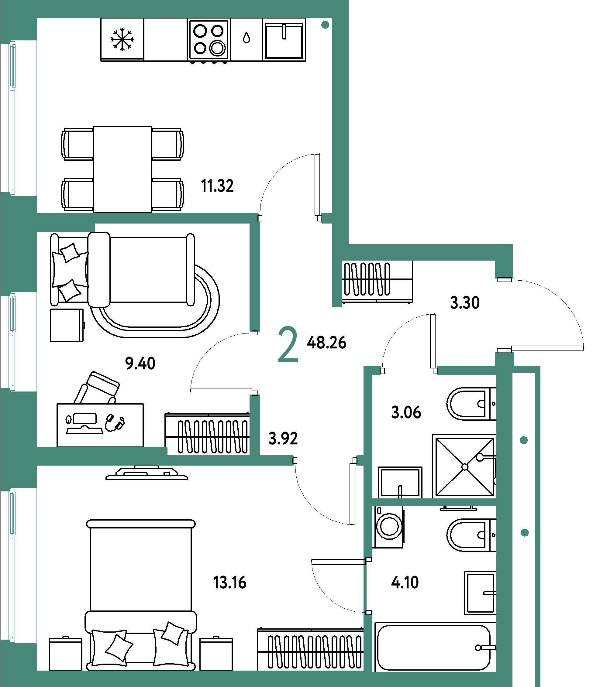 Планировка: 2-комнатная 48,26 м² в ЖК «Домашний»