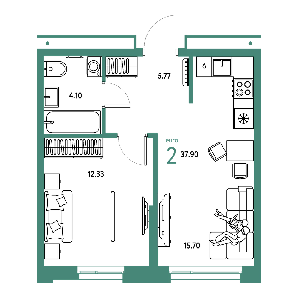 Планировка: Евродвушка 37,9 м²