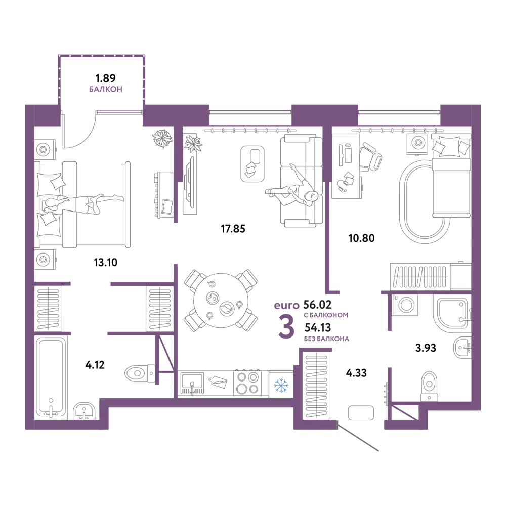 Планировка: Евротрёшка 56,02 м²