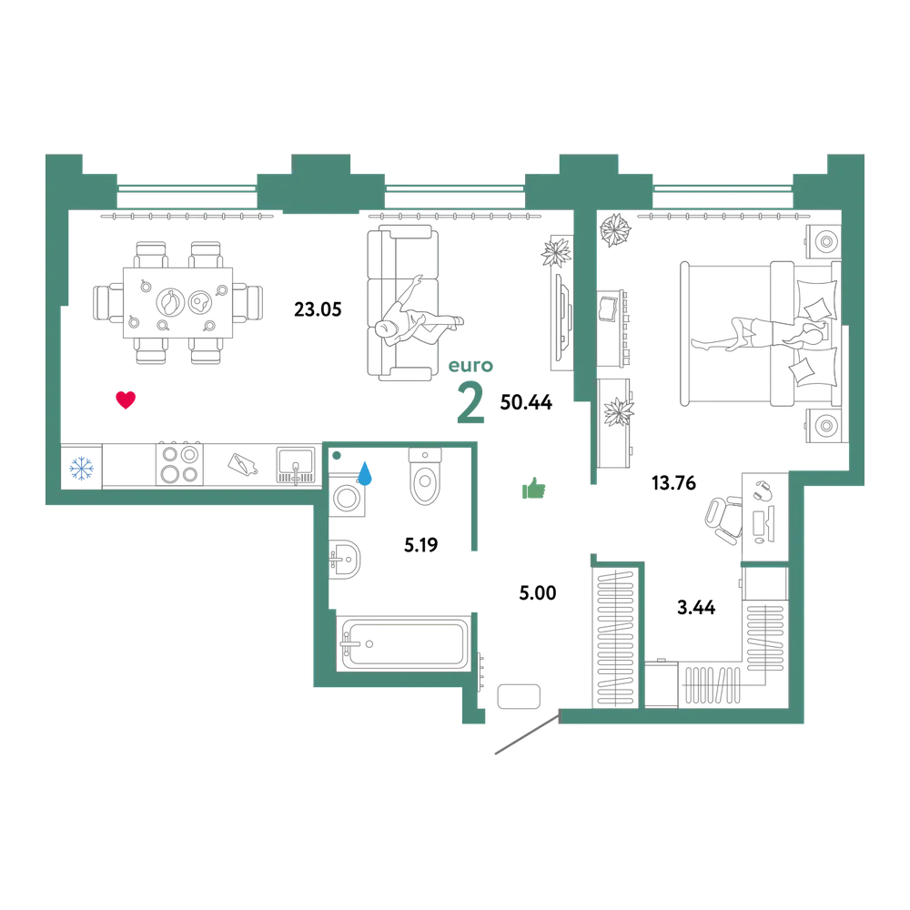 Планировка: Евродвушка 50,98 м²