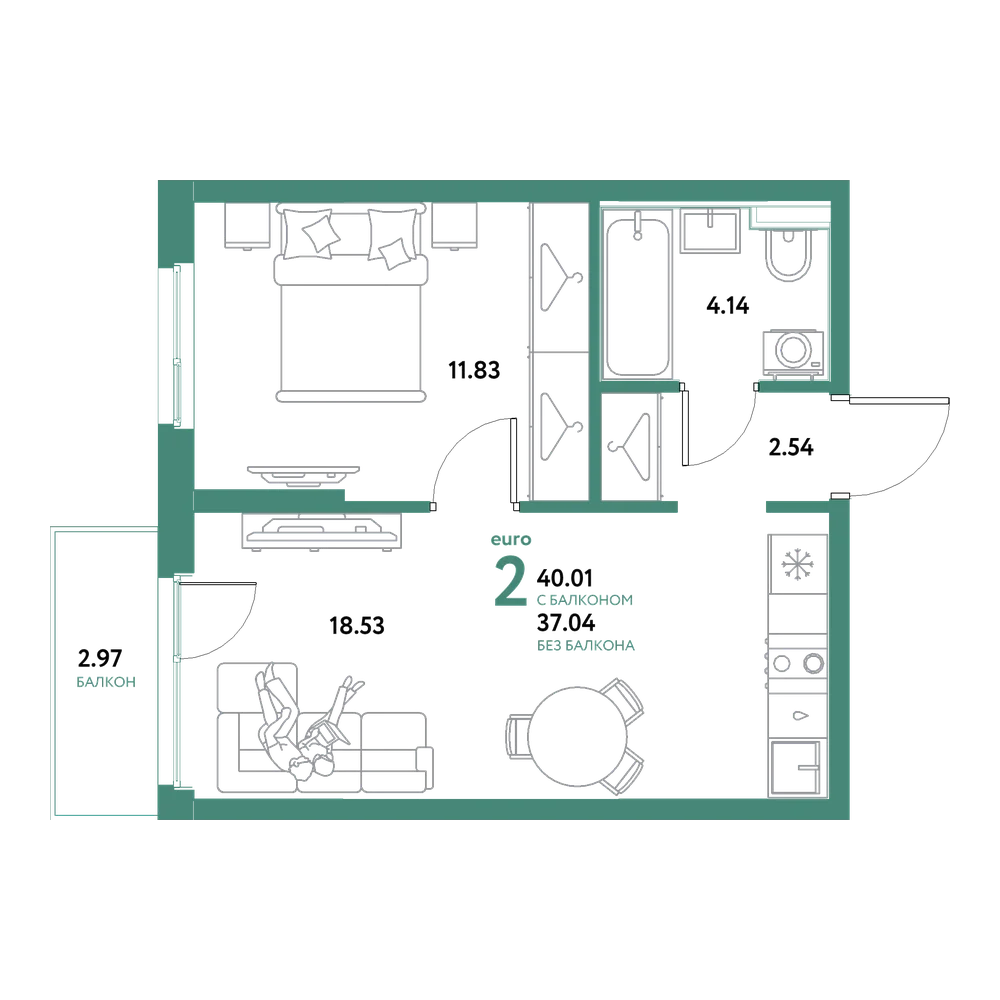 Планировка: Евродвушка 40,01 м²