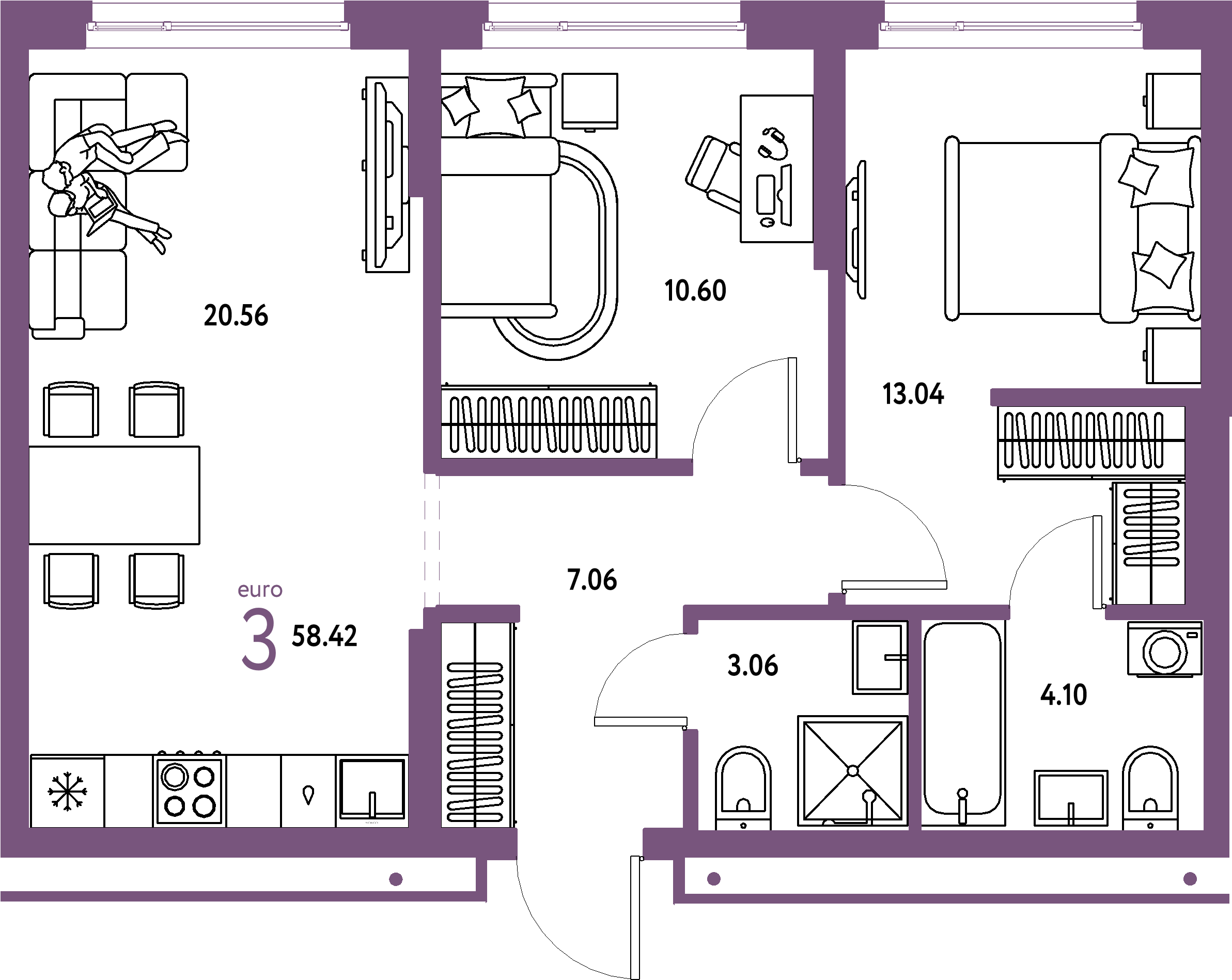 Планировка: Евротрёшка 58,42 м² в ЖК «Домашний»