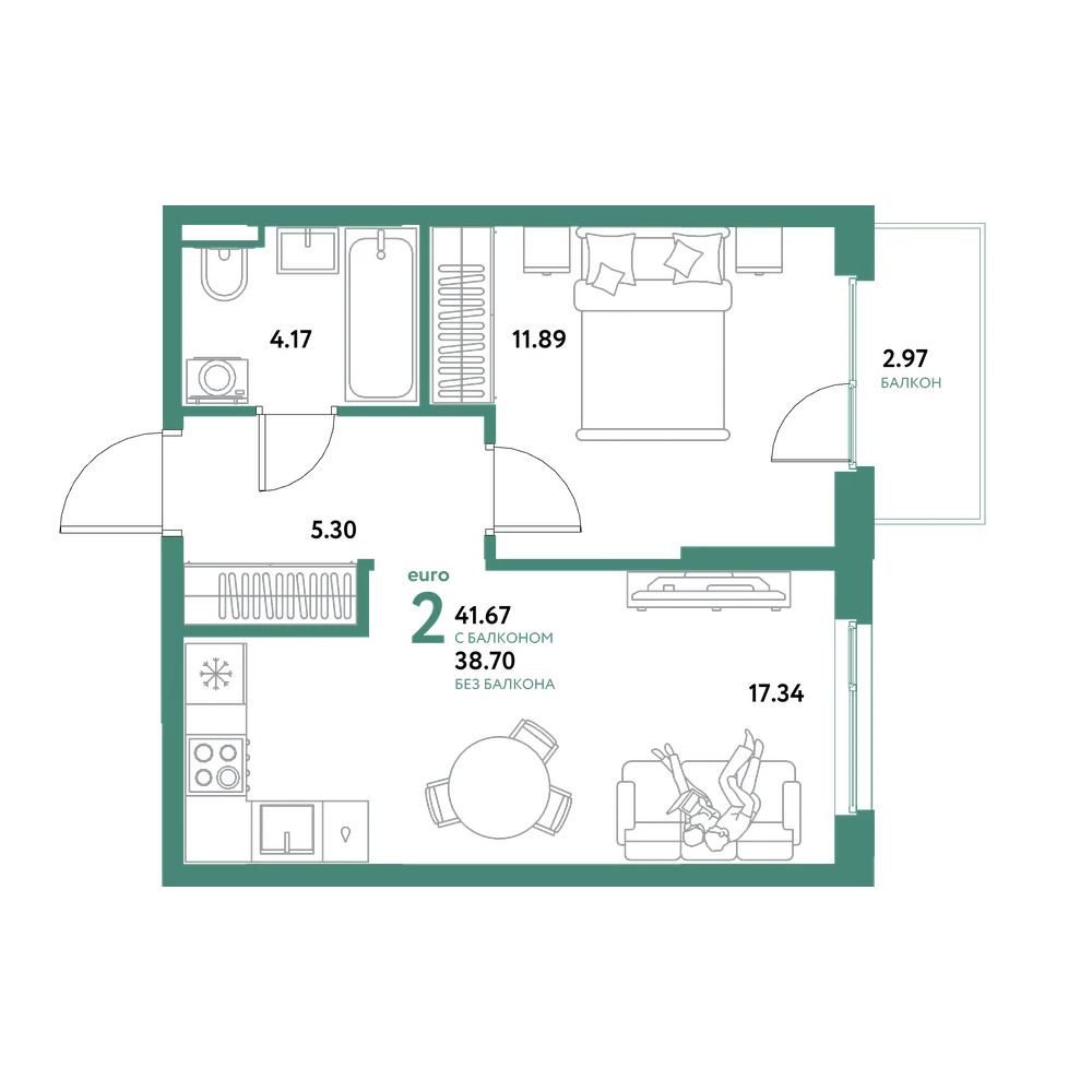 Планировка: Евродвушка 41,67 м²