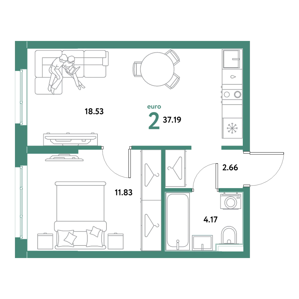 Планировка: Евродвушка 37,19 м²