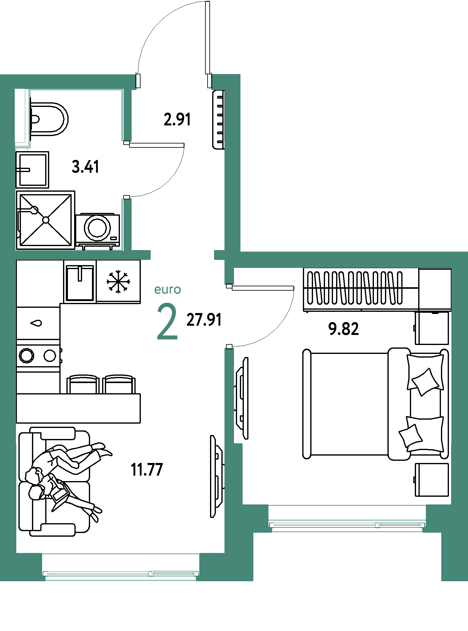 Планировка: Евродвушка 27,91 м² в ЖК «Остров-сад»