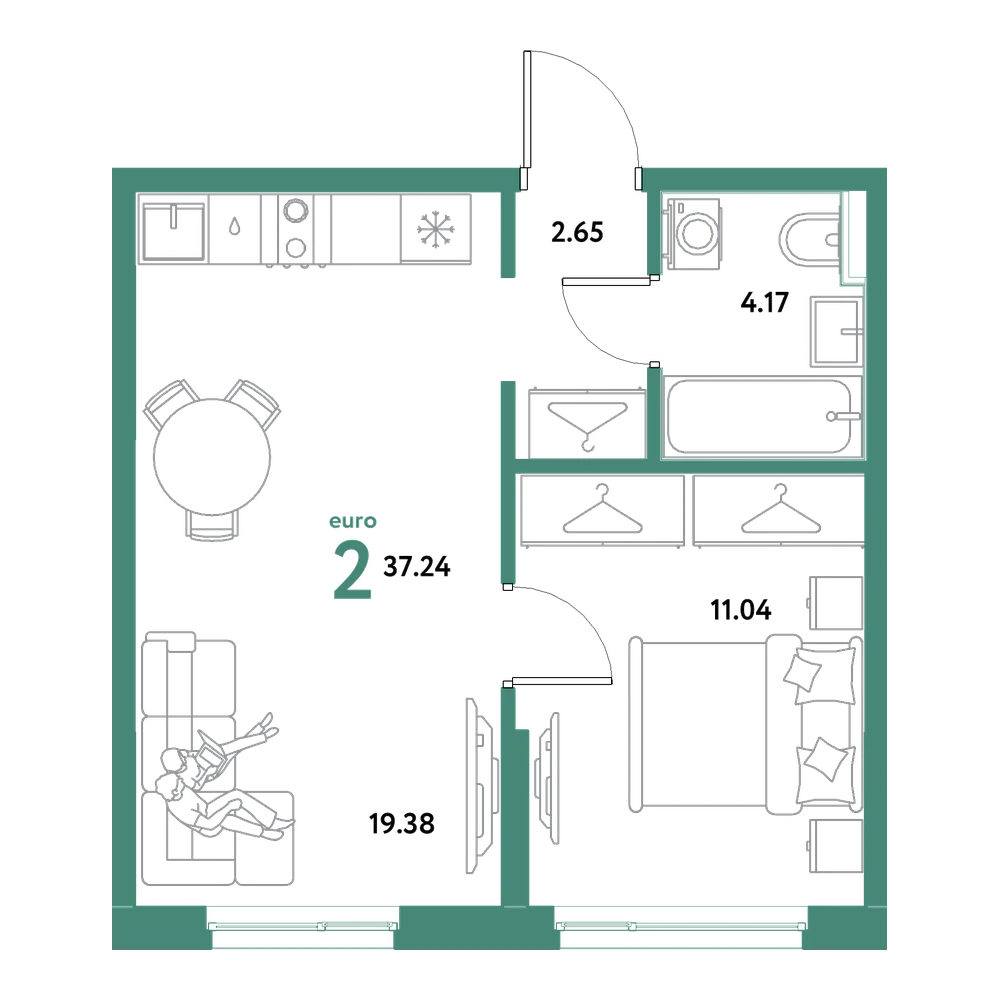 Планировка: Евродвушка 37,24 м²