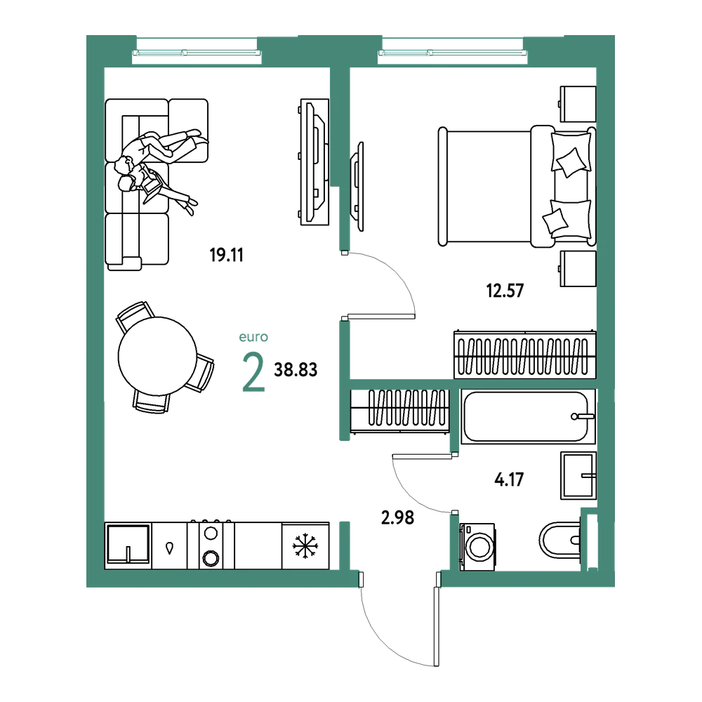 Планировка: Евродвушка 38,83 м²